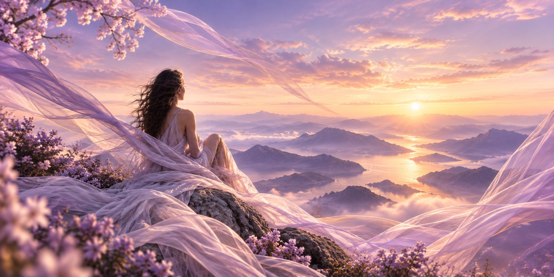 A person looking toward a luminous sunrise over misty mountains in lavender and pearl tones